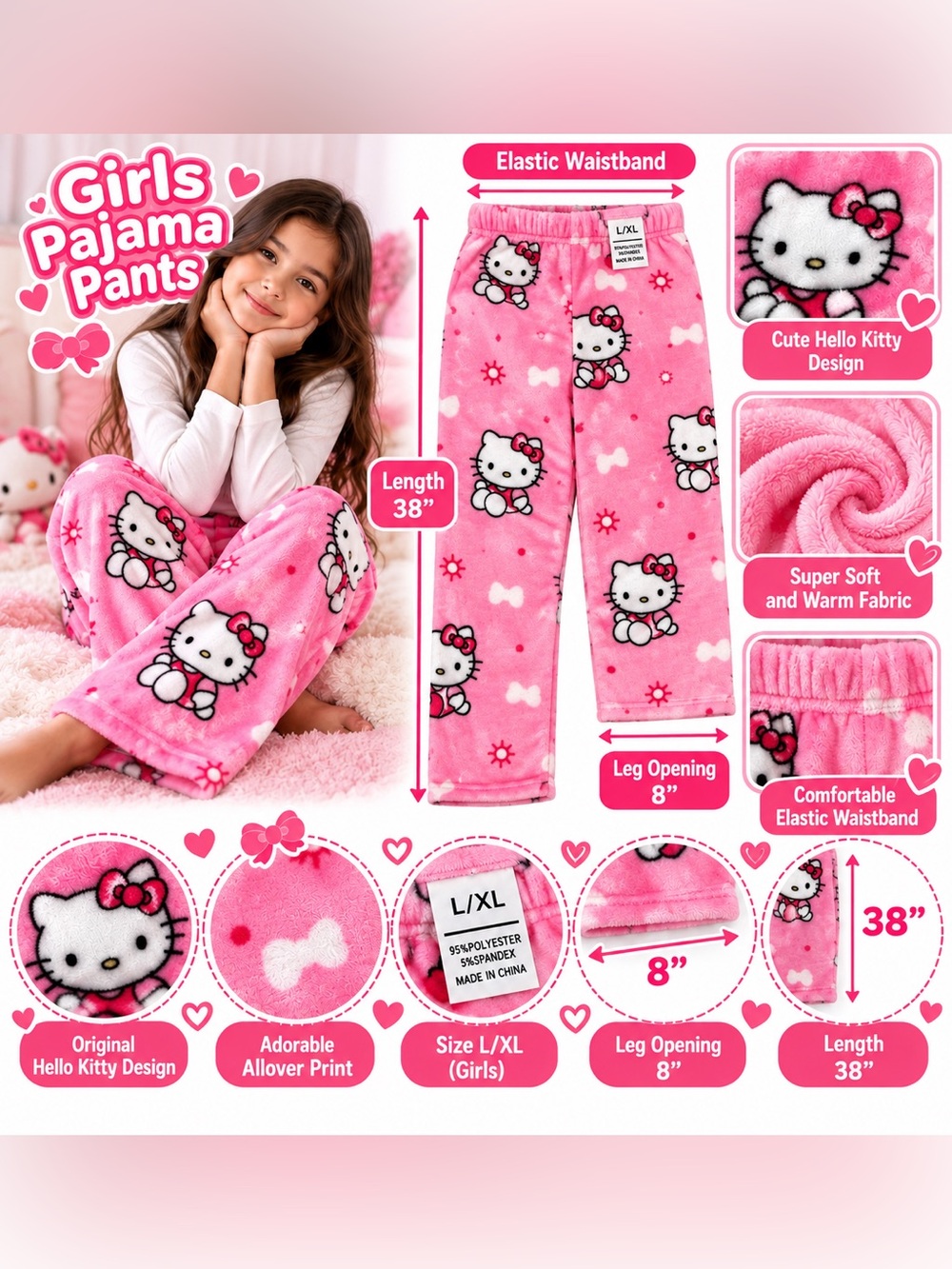 Kids Fleece Pink Pajama Pants L/XL Soft Plush Warm  Girls Sleepwear Lounge Pants